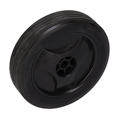 Wheel wood splitter er et svart plasthjul med rillet mønster og et fem-eikers indre nav.