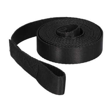 En svart nylonrem med en förstärkt ögla är hoprullad, med ena änden utsträckt framåt. Den är en del av Drawstring Rowing Machine och är designad för användning i roddövningar.