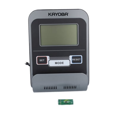 En digital datorroddmaskin med en display och tre knappar märkta "SET", "MODE" och "RESET", med ett grönt AA-batteri placerat under.