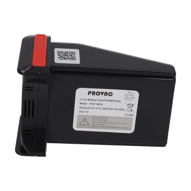 Svart PROVAC litiumjonbatteripaket för vakuum, med 2200mAh/25,2V etikett, QR-kod och en röd flik på ena sidan.