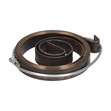 En spiralad metalltorsionsfjäder med täta inre spiraler och en krokig ände, vilket visade ett mörkt, rostigt utseende på pelarborrmaskinen.
