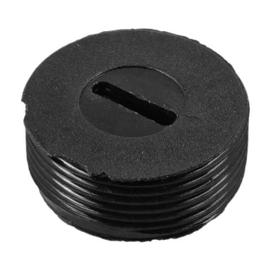Cap Carbon Hold 009461/011254: svart rund plastgängad plugg, brett platt huvud, rak spår, lätt ytslitage.