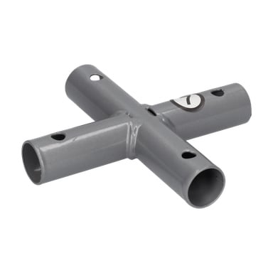 Grå metall fyrvägskontakt med fyra cylindriska armar, var och en med fästhål och en klisterlapp märkt med siffran 1.