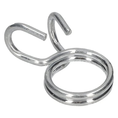 Närbild av Clamping ring-garagetältets metallfjäderslangklämma med dubbel slinga och två utstickande ändar.