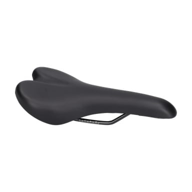 En svart elcykelsadel med en slank, ergonomisk form och exponerade metallräcken designade för enkel montering av sadelstolpar.