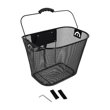 Bicycle Basket Electric Bike har en svart metallkorg i nät med handtag, samt två svarta remmar och en insexnyckel för montering.