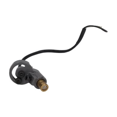 En närbild av en sensor från laserstolpbormaskinen har en kort svart tråd med exponerade ändar, grått runt hölje och en mässingskontakt.