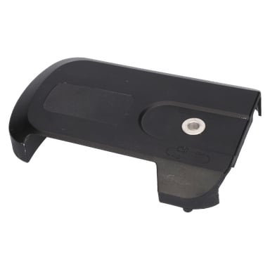 Svart plastbatterilucka med metallkontakt och böjd kant, gjord för Sword cap elektrisk motorsåg.
