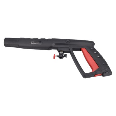 En högtryckstvätt med svart och röd avtryckarpistol, pistolliknande grepp, bakre handtag och ett framträdande rött säkerhetslås.