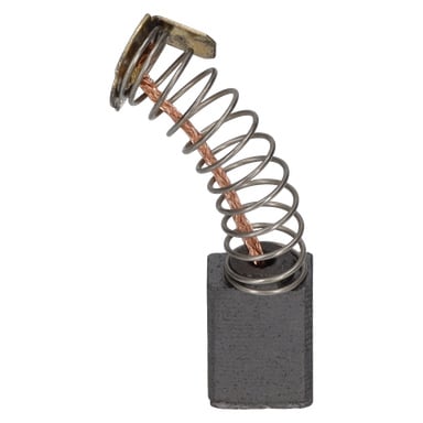 En spiralad metallfjäder är fäst vid ett svart rektangulärt kolblock, med koppartråd som trådas igenom och en metallkontakt i änden.