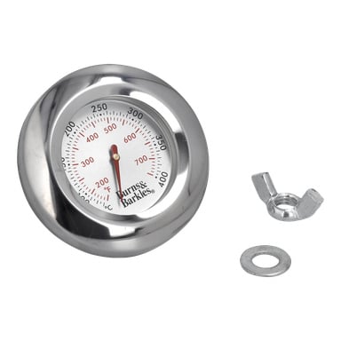 Termometer kolgrillar inkluderar en rund metallratt märkt 100–700°F, samt en metallbricka och vingmutter.