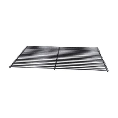 Kol- och gasgrill med rektangulärt svart metallgaller, parallella stänger och något upphöjd design för effektiv grillning.