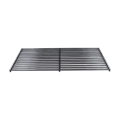 En vy ovanifrån av en kol-/gasgrill visar ett svart metallgaller med parallella stänger.