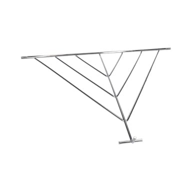 Den nedre grillgloben har en silverfärgad metallkonstruktion med en triangulär stångdesign, placerad på en liten horisontell bas.