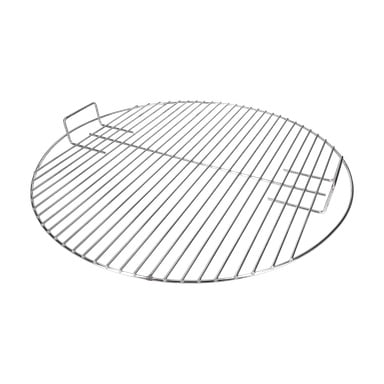 Ett runt grillgaller med parallella stänger och två rektangulära handtag, lämpat för grillar eller grillar.