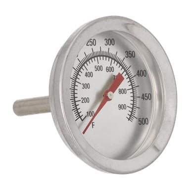En metallanalog gasgrilltermometer med prob och rund ratt som visar 50–1000°F, nålen indikerar cirka 700°F.