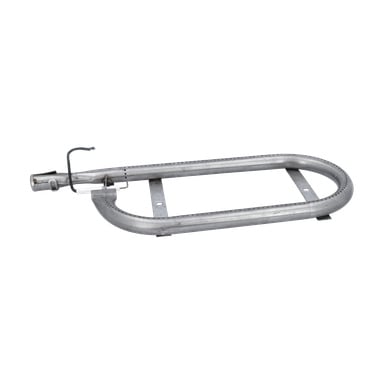 Ett ovalt brännarrör i metall med en liten tändtråd i ena änden och två sidofästen, gjort för användning med portabla gasgrillar.