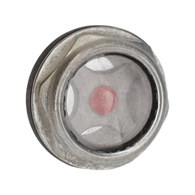 Närbild på ett oljenivåsiktglas för kompressor, som visar ett hexagonalt metallhölje och ett klart fönster med en röd mittpunkt.