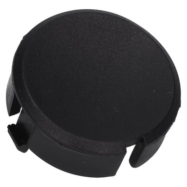 Ett runt svart plaständlock med ett platt topp och sidoklämmor, gjort för att täcka eller täta öppningen på ett rör eller hål.