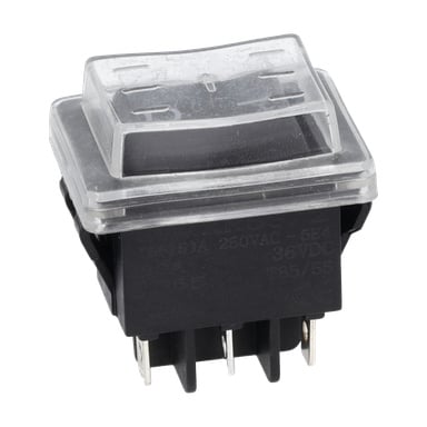 Närbild av Switch Compost Mill, med en svart rektangulär vippbrytare med ett klart lock och exponerade elstift.