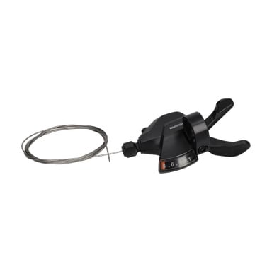 En svart cykelväxelspak märkt "Gear Lever Rear W. Wires 2020," med en kabel, två spakar och en numrerad indikator.
