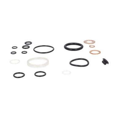 Packningens setjack har olika storlekar av gummi-, plast- och metallbrickor samt O-ringar som är arrangerade tillsammans.