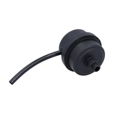 En svart cylindrisk plastkompressor med luftfilter som har en slang i ena änden och en gängad koppling på motsatt sida.