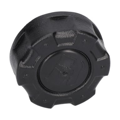 Svart plastlock med texturerad fälg och en preglad bensinpumpsikon i mitten.