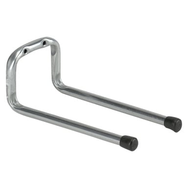 Metalowy, ścienny hak Hard Head Tool z dwoma równoległymi ramieniami, z których każde kończy się zaokrąglonymi wierzchołkami zakończonymi czarną gumą. Haczyk ma wstępnie wywiercone otwory do bezpiecznego mocowania i nadaje się do trzymania rowerów, narzędzi, węży lub podobnych przedmiotów.