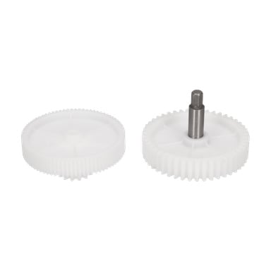 Två vita plastkugghjul för en köttkvarn: det ena ligger platt, det andra står upprätt med en central metallaxel. Båda har jämna tänder.