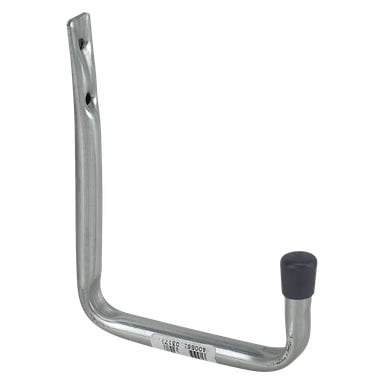 Hard Head Wall Hook ma konstrukcję pod kątem prostym, z dwoma otworami montażowymi po jednej stronie i czarną gumową końcówką na końcu. Do płaskiej, poziomej części przyklejony jest naklejka z kodem kreskowym.