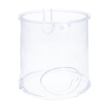 Klar cylindrisk dammbehållare med oval sidoöppning och små fästpunkter på toppen, visade tomma.
