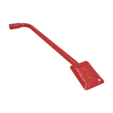 En röd metall MC-lift-pedal har ett strukturerat rektangulärt blad med ett hörnhål och ett böjt cylindriskt handtag i motsatt ände.