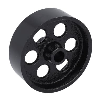 Wheel Motorcycle Lift visar upp ett svart metallhjul med sex runda hål och ett centralt nav, vinklat i bilden.
