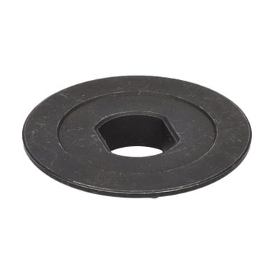 En platt, rund, mörk metall Klingwasher bordsågsskiva med ett stort fyrkantigt hål i mitten.