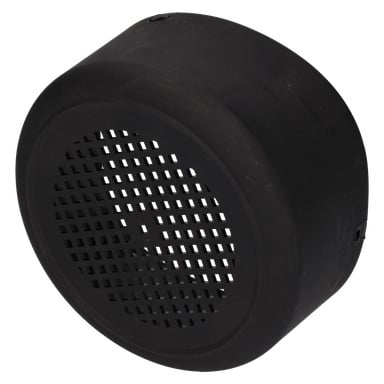 Ett svart, cylindriskt ventilationslock för vedklyvar, med ett rutnät av fyrkantiga hål på ena sidan.