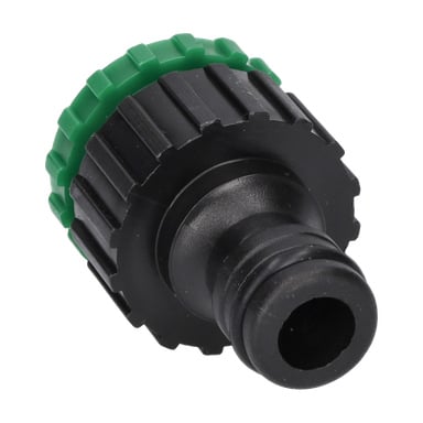 En krankopplings genomströmningsvärmare med en räfflad svart plastkropp och en grön texturerad ring nära toppen.
