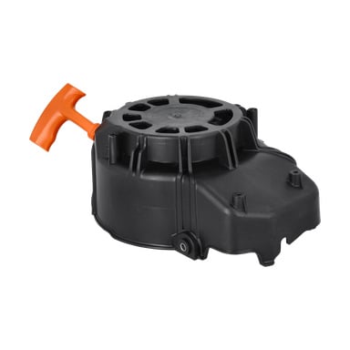 Startmotorn Cpl F. 014093 är en svart plastmotor med rekyl och orange handtag för små motorer som gräsklippare eller generatorer.