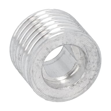 Närbild på en remskivasåg/geringssåg som visar dess metallgängade insats med ihålig mittpunkt, synliga gängor och blank yta.