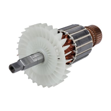 Rotor F. 011254 visar i närbild kopparlindningar, en metallkärna och vita plastfläktblad fästa på ena sidan.