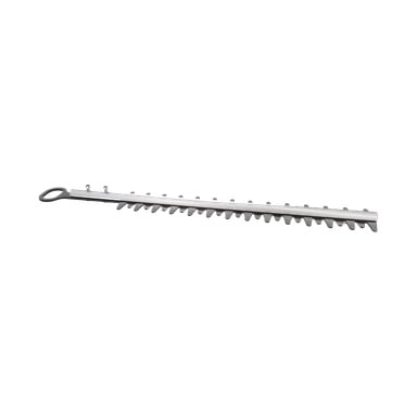 En metallhäcksax med vinklade tänder och ett runt handtag, gjord för precisa trim- och krattuppgifter.