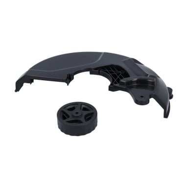 En Mudguard grästrimmer med svart plastlock, monterat hölje och ett separat runt hjul eller ratt.