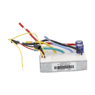 En vit rektangulär elektroniklåda med batteridriven slytrimmer med färgade kablar, två blå kondensatorer och en streckkod på sidan.