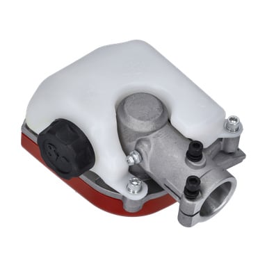Närbild på Saw Head Quadrotrimmer med en vit plastbehållare, silverfärgad metallventil med bultar och svart plastlock.