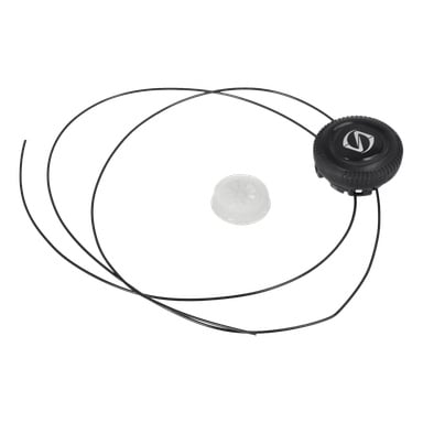 Snabbsnörningssystem med svart plastspole, tråd och vit cirkulär bit. En logotyp syns ovanpå spolen.