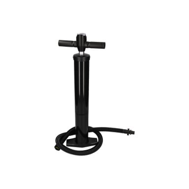 Handluftspumpens SUP-bräda är en svart manuell pump med ett T-format handtag och en slang fäst vid basen.