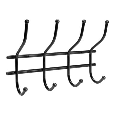 Hard Head Hook -teline 4 koukkua on musta metallinen seinälle kiinnitettävä takkiteline, jossa on neljä kaksoiskoukkua, joista jokaisessa on pyöristetyt kärjet sekä ylä- että alapäässä.