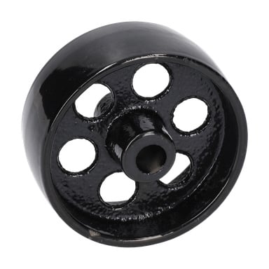 Wheel 3" F. 013933 är en svart metallskiva med fem cirkulära hål och ett centralt axelhål, som visas i vinkel.