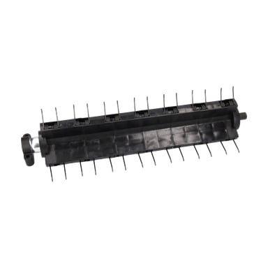 Mossrivar Shaft Vertical Cutter är ett svart, cylindriskt plastverktyg med tunna metalltänder som sträcker sig från båda sidor för rengöringsuppgifter.