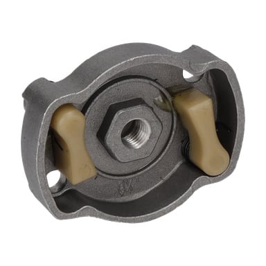 Närbild av startkoppling F. 014214, med ett metallhölje, ett centralt sexkantshål och två beige hävstänger på varje sida inuti höljet.